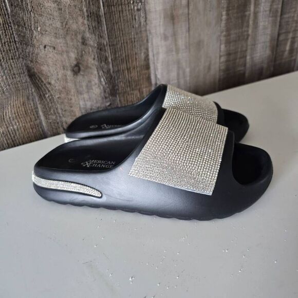American Exchange Shoes - American Exchange Black Rhinestone Slip On Sandals 7